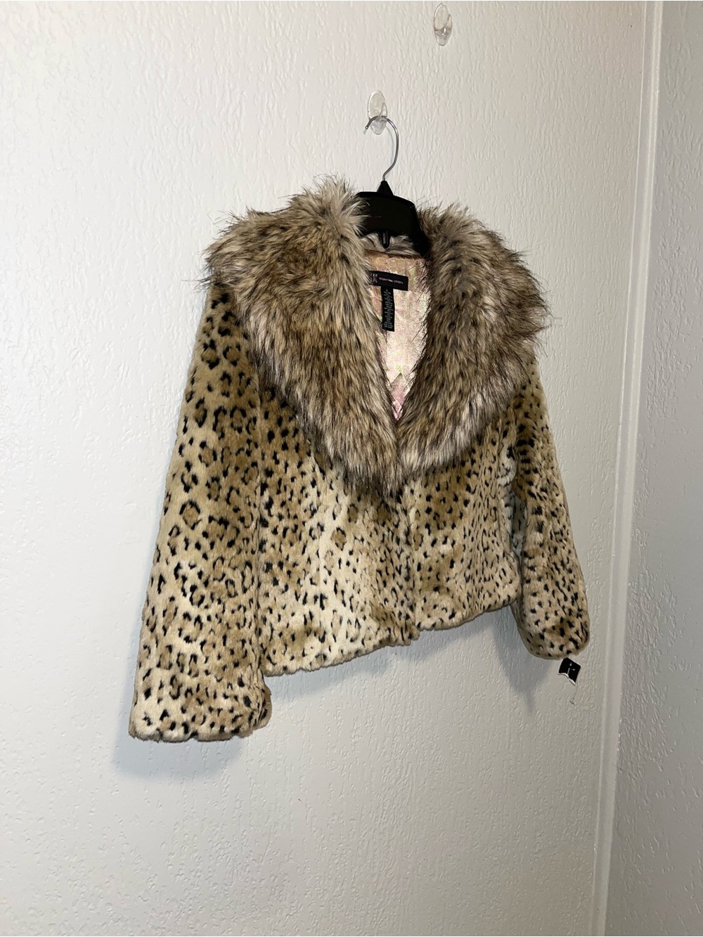 INC International Concepts Leopard Print Faux Fur Jacket with Plush Collar - Tan